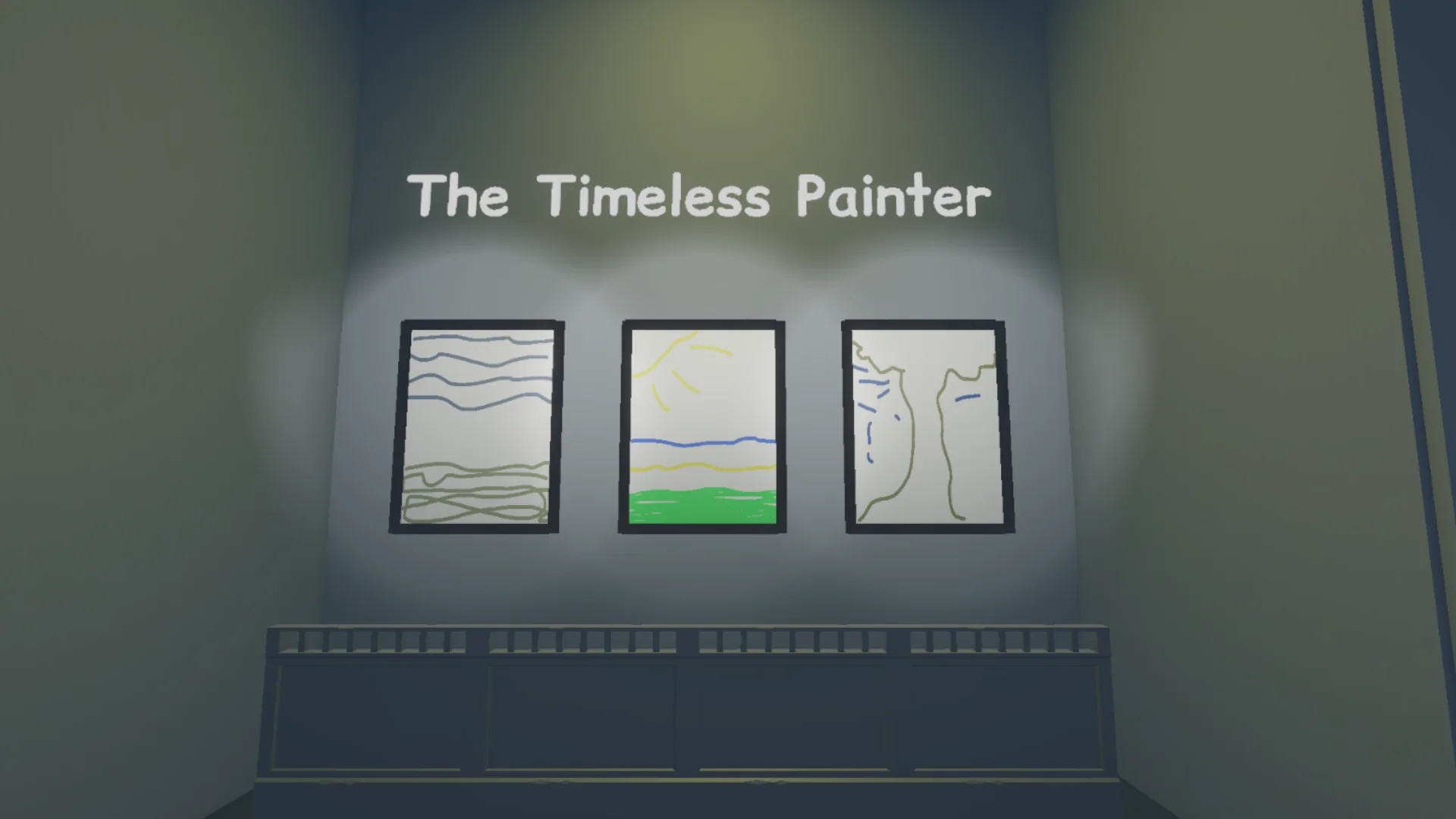 Three player-made paintings displayed together beneath the words The Timeless Painter.